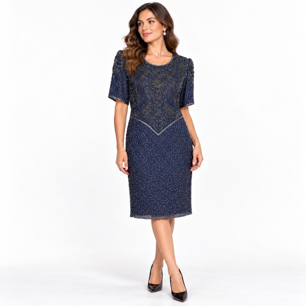 Laurence Kazar Vintage Silk Beaded Cocktail Dress Navy Blue Floral Sheath XL
